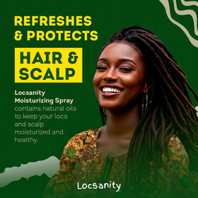 Locsanity Spray sur une table avec d'autres produits de soin