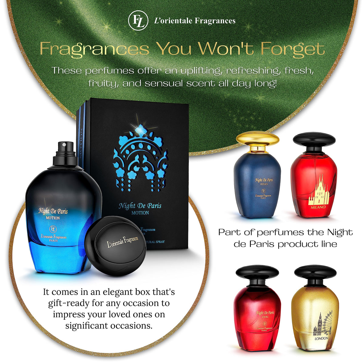 LOrientale Fragrances Night De Paris parfum avec des fleurs en arrière-plan