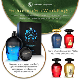 LOrientale Fragrances Night De Paris parfum avec des fleurs en arrière-plan