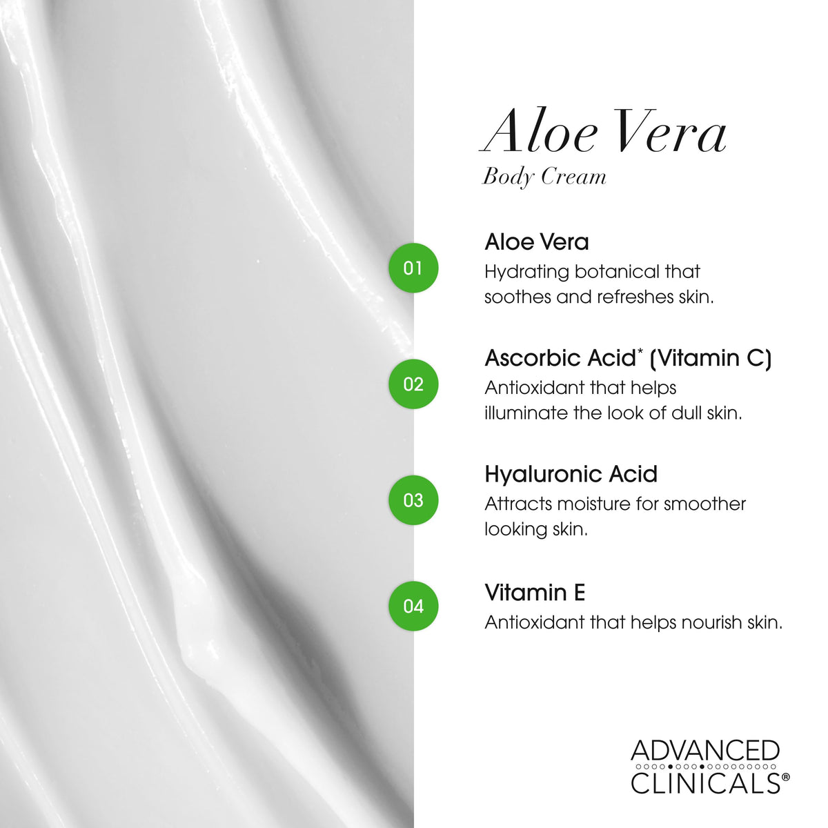Lotion Aloe Vera Advanced Clinicals étiquette détaillant les ingrédients