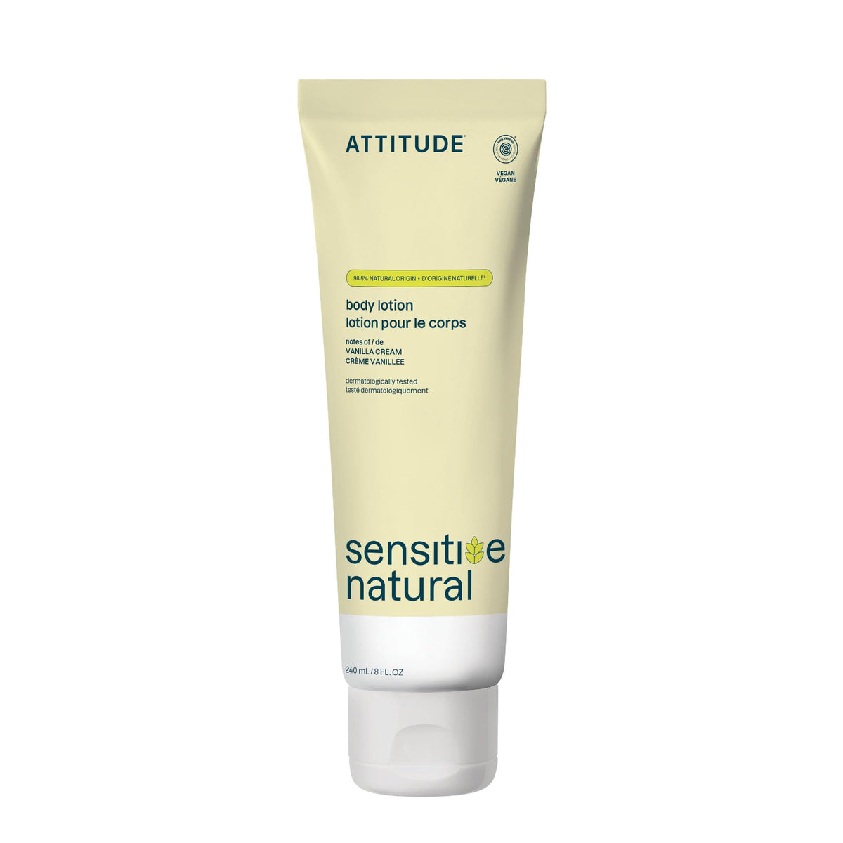 Lotion corporelle ATTITUDE 265g vue de face avec étiquette vanille