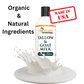 Lotion corporelle bio avec ingrédients visibles tels que le lait de chèvre