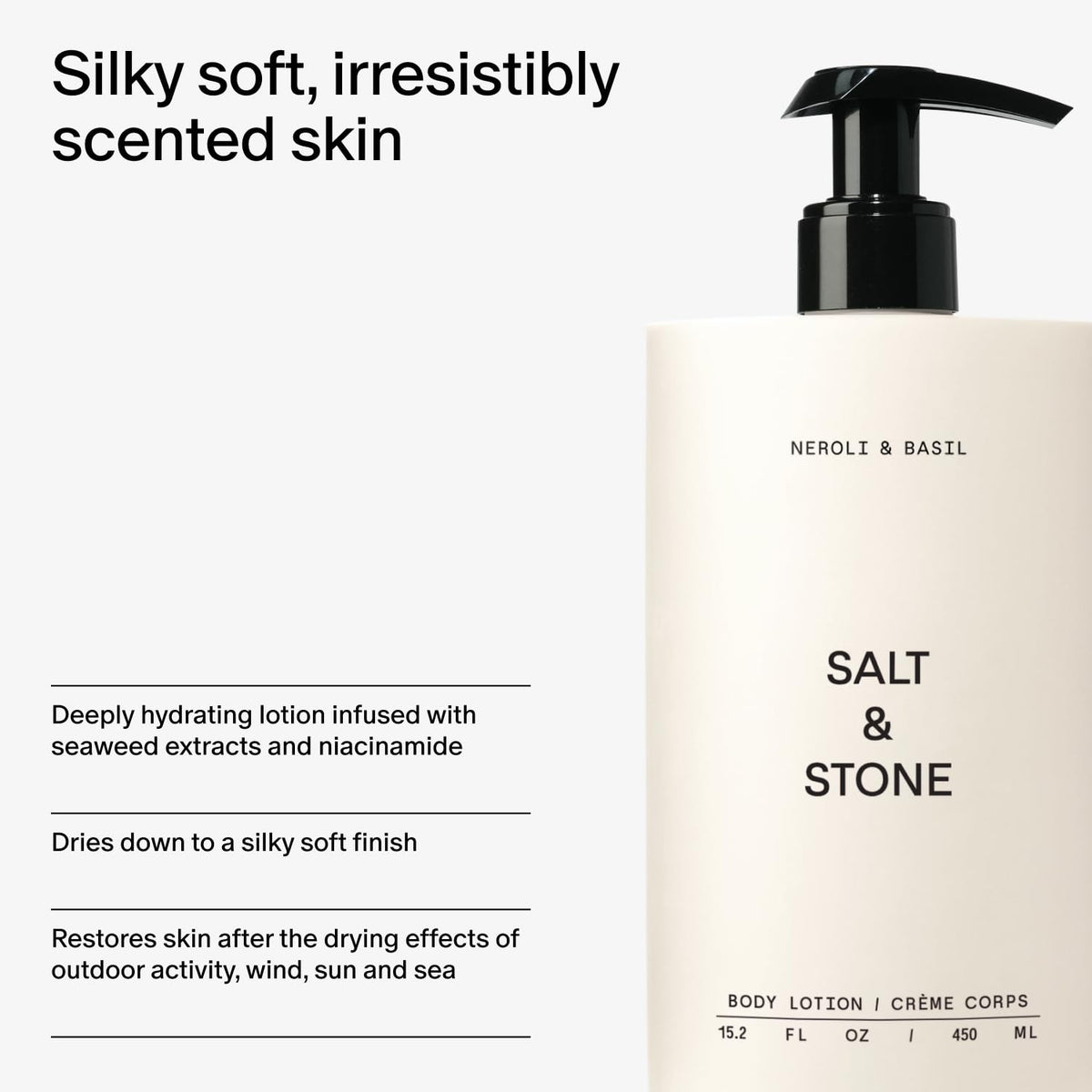 Lotion corporelle Salt & Stone avec des ingrédients naturels en arrière-plan