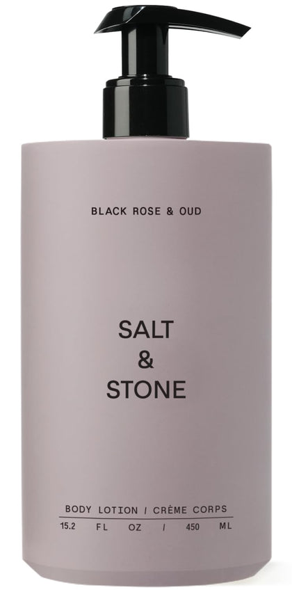 Lotion corps Salt & Stone 15,2 fl oz vue avant avec étiquette rose noire et oud