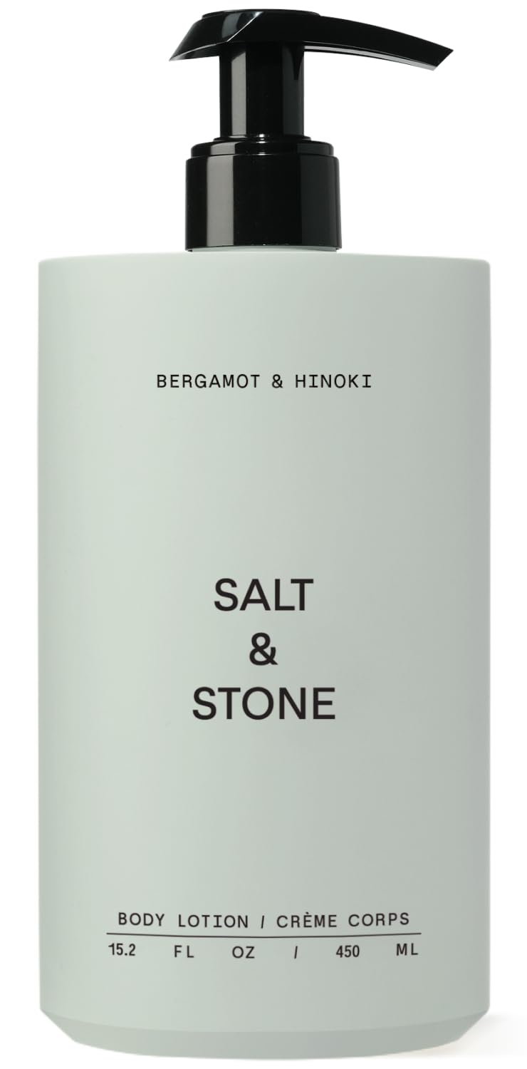 Lotion corps Salt & Stone 540g vue de face avec étiquette bergamote et hinoki