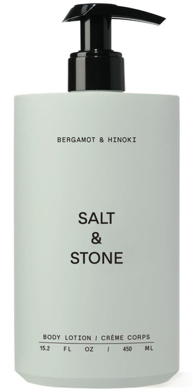 Lotion corps Salt & Stone 540g vue de face avec étiquette bergamote et hinoki