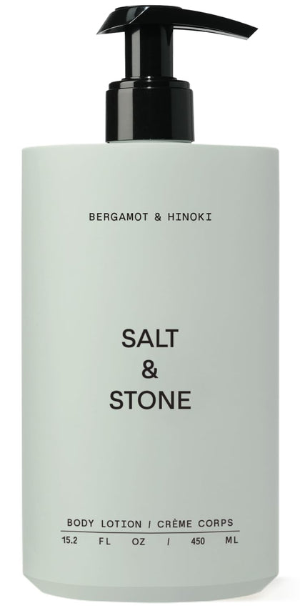 Lotion corps Salt & Stone 540g vue de face avec étiquette bergamote et hinoki