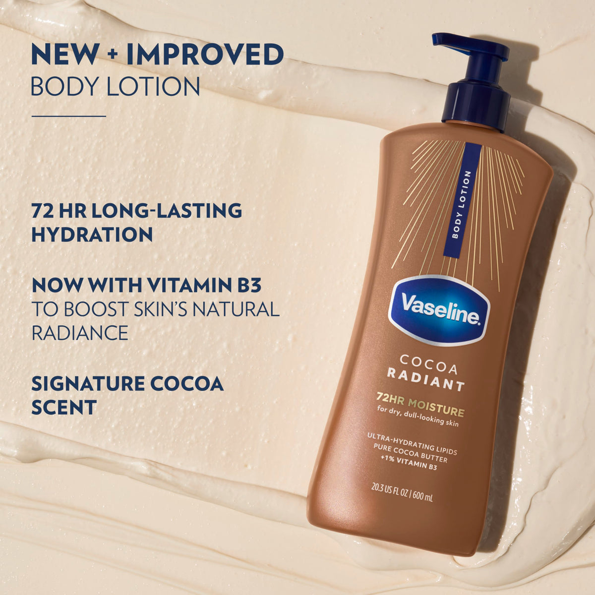 Lotion Corps Vaseline Cocoa Radiant sur une surface blanche