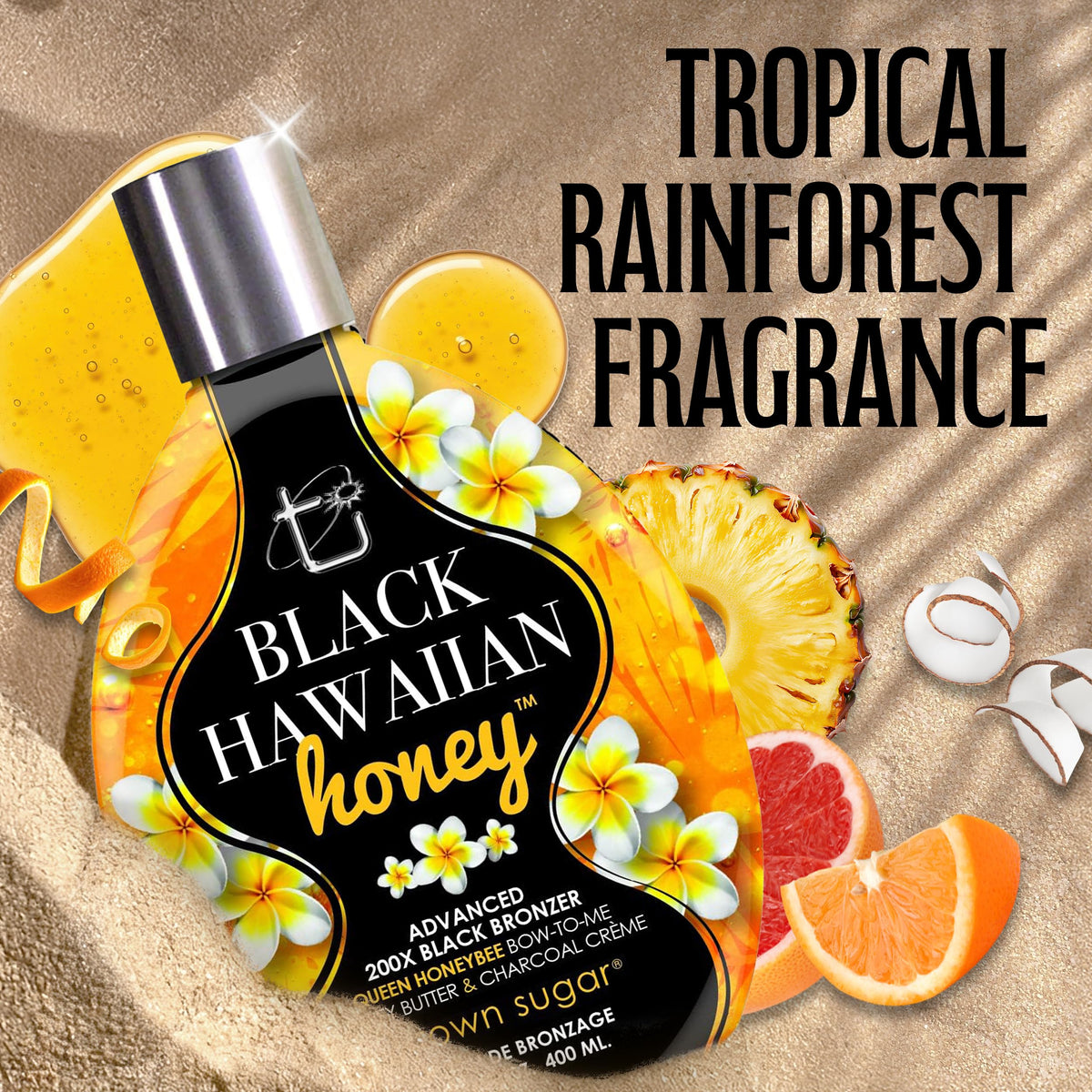 Lotion de bronzage Brown Sugar sur fond tropical