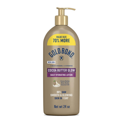 Lotion Gold Bond au beurre de cacao 24 oz vue avant avec pompe