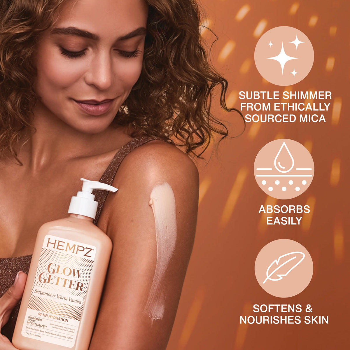 Lotion Hempz Glow Getter sur un fond naturel