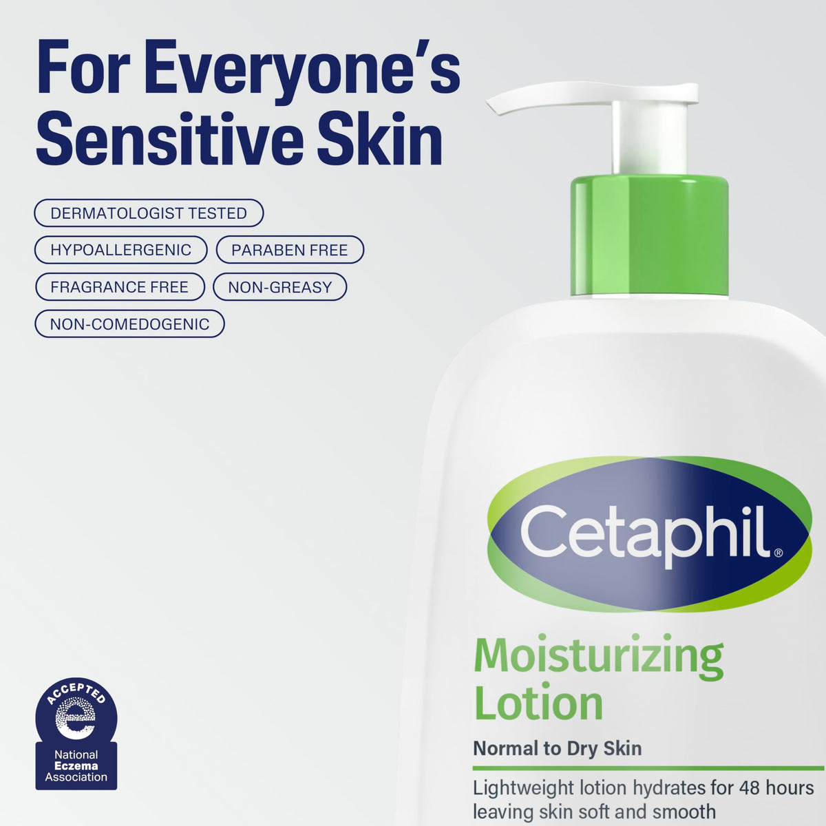 Lotion hydratante Cetaphil avec mains appliquant le produit