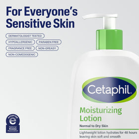 Lotion hydratante Cetaphil avec mains appliquant le produit