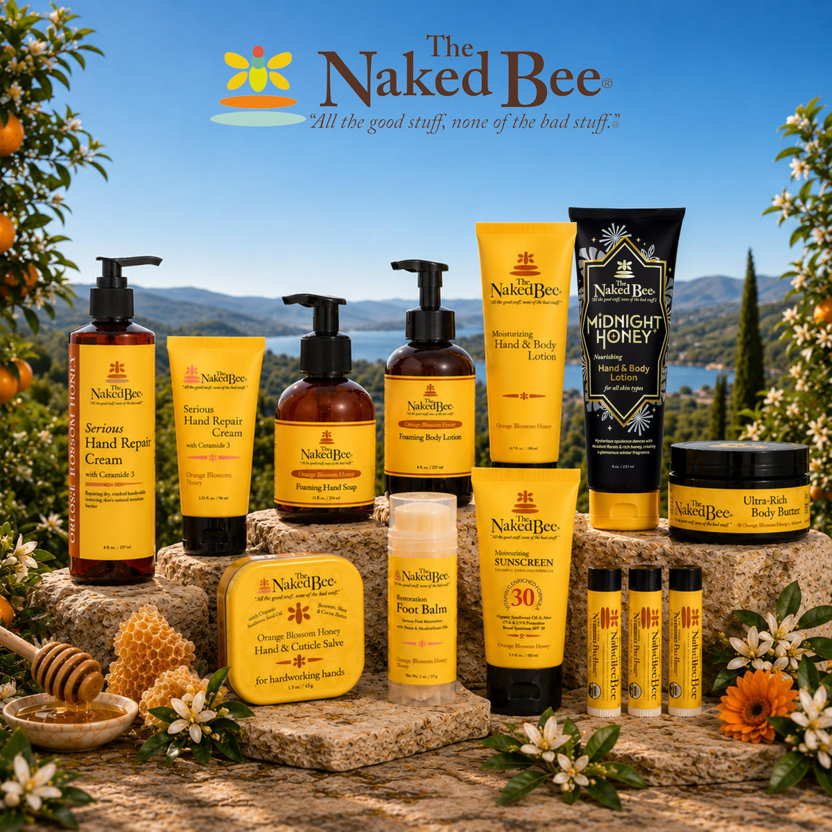 Lotion hydratante The Naked Bee sur une surface en bois