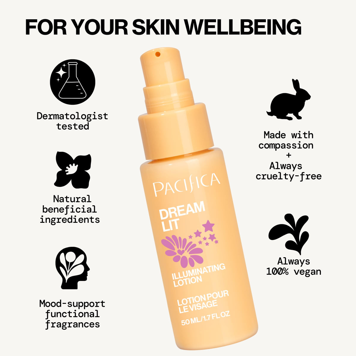 Lotion illuminante Pacifica Dreamlit sur une surface en marbre