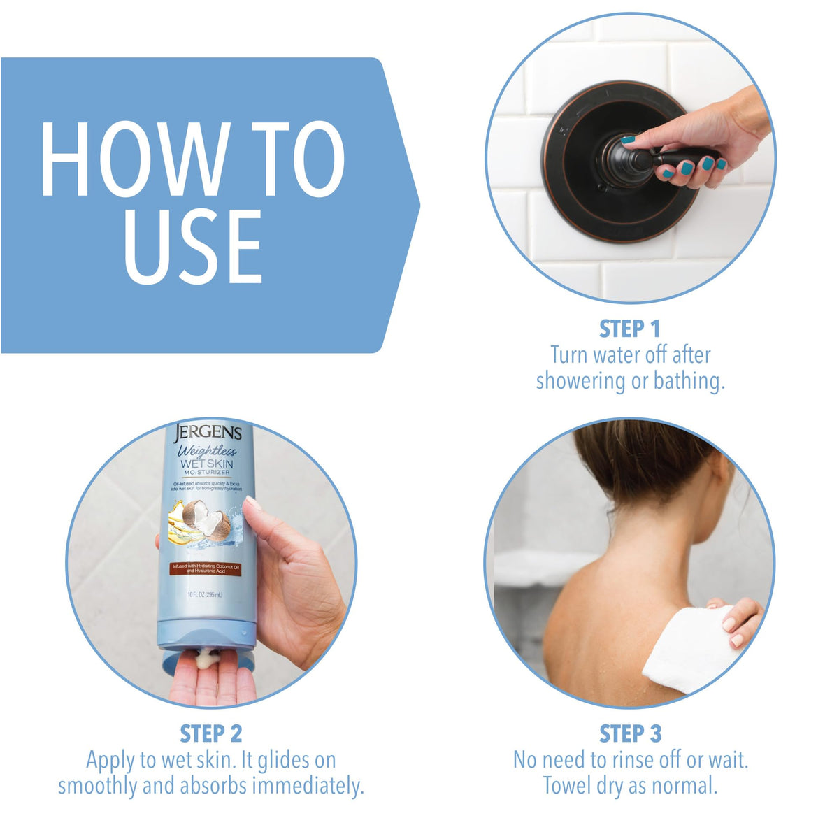 Lotion Jergens avec huile de noix de coco sur une table de salle de bain