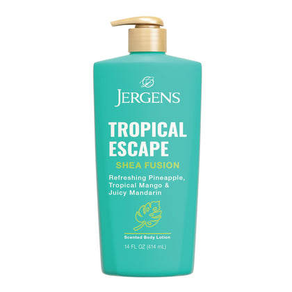 Lotion Jergens Tropical Escape 474g vue avant avec étiquette colorée