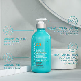 Lotion lissante Moroccanoil sur un fond neutre