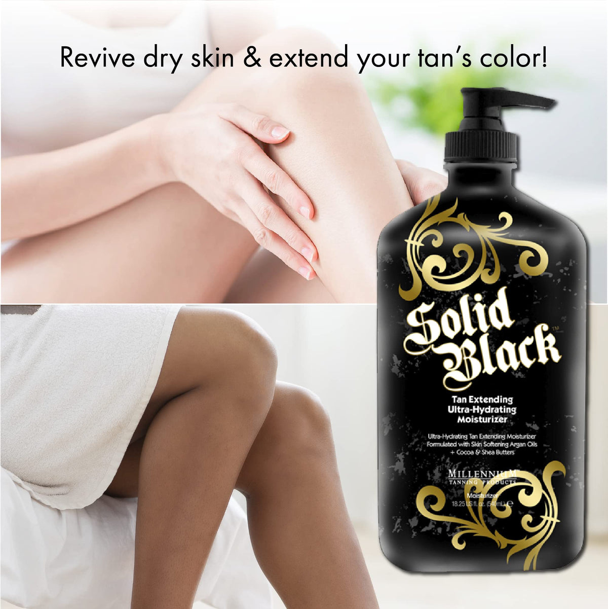 Lotion Millennium Tanning 558g sur une table avec cocotiers en arrière-plan