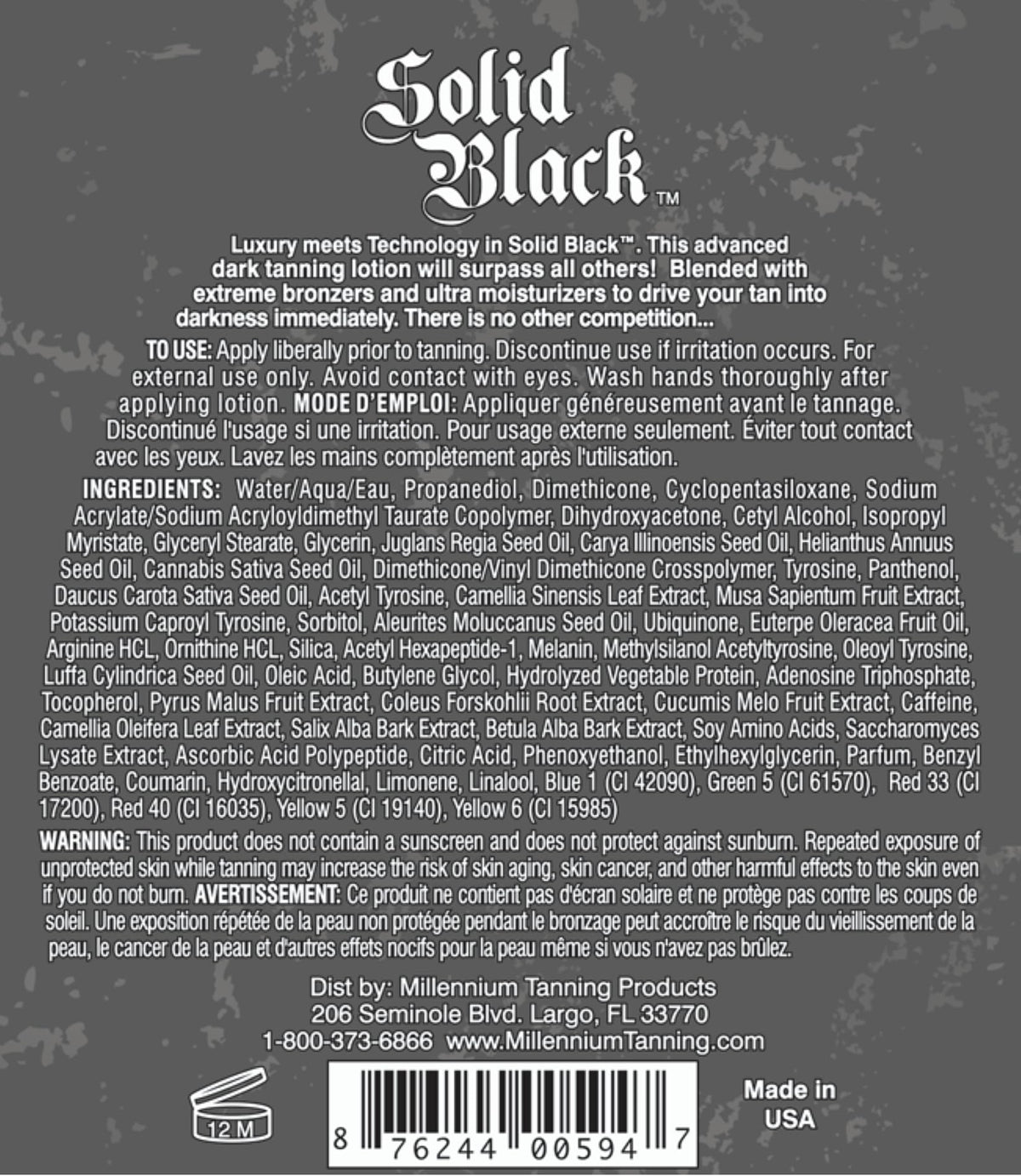 Lotion Millennium Tanning SOLID BLACK 100X 400 ml vue arrière