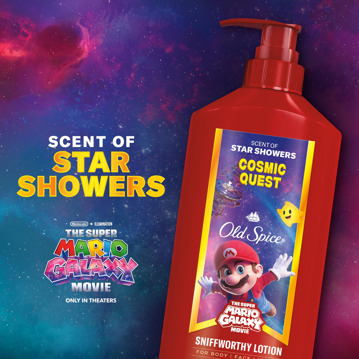 Lotion Old Spice Cosmic Quest avec arrière-plan de film Super Mario Galaxy