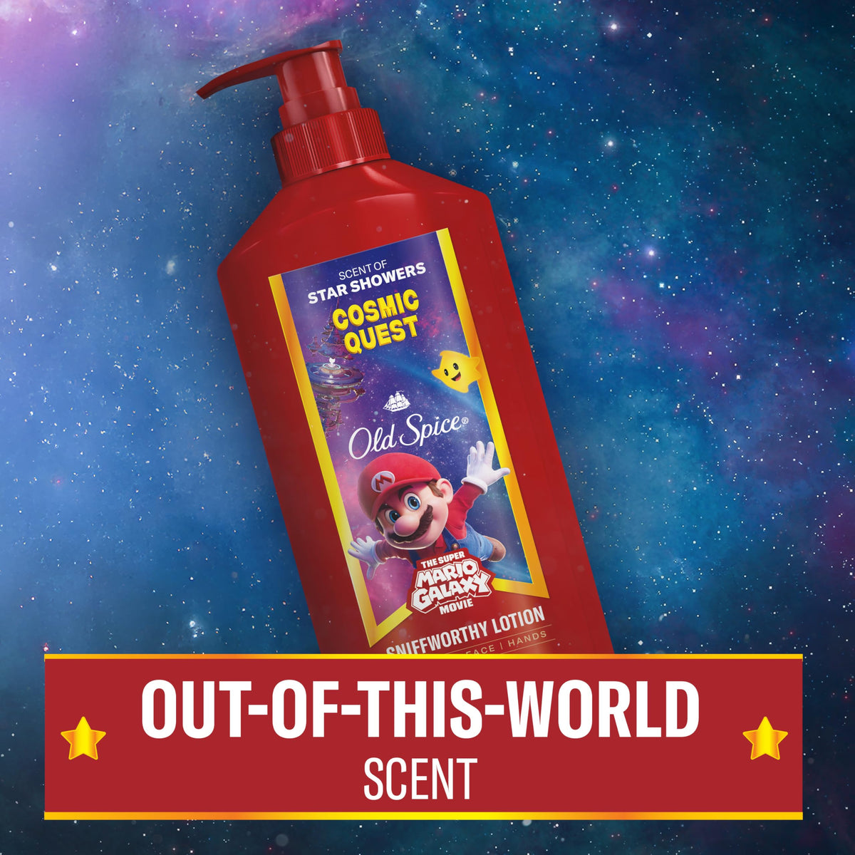 Lotion Old Spice Cosmic Quest dans un cadre de salle de bain