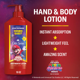 Lotion Old Spice Cosmic Quest sur une table avec décor galactique