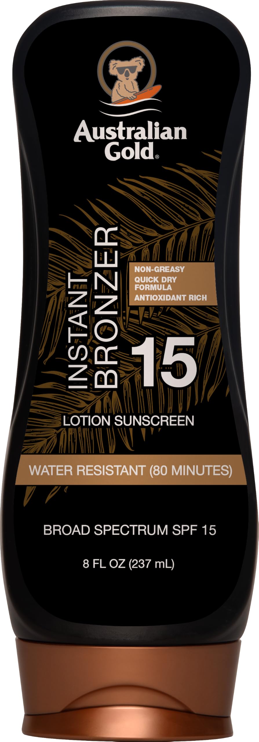 Lotion solaire Australian Gold SPF 15 vue avant avec bronzer caramel