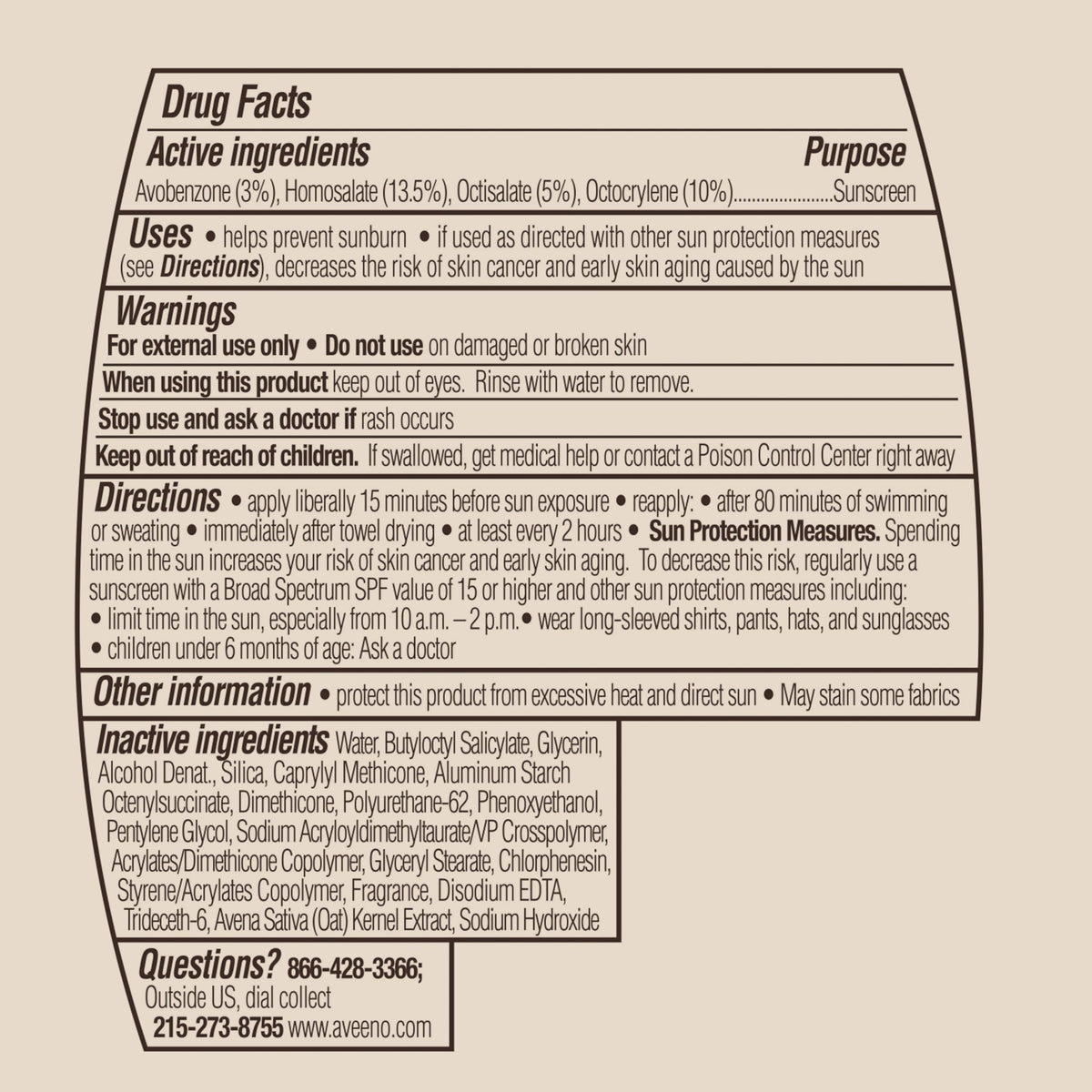 Lotion solaire Aveeno avec étiquette indiquant SPF 60
