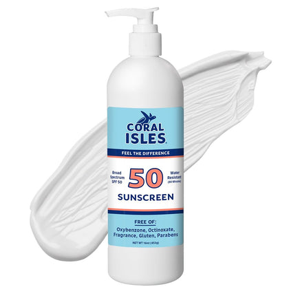 Lotion solaire Coral Isles SPF 50 vue de face avec étiquette