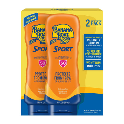 Lotion Solaire Sport Banana Boat SPF 50, vue avant avec packaging