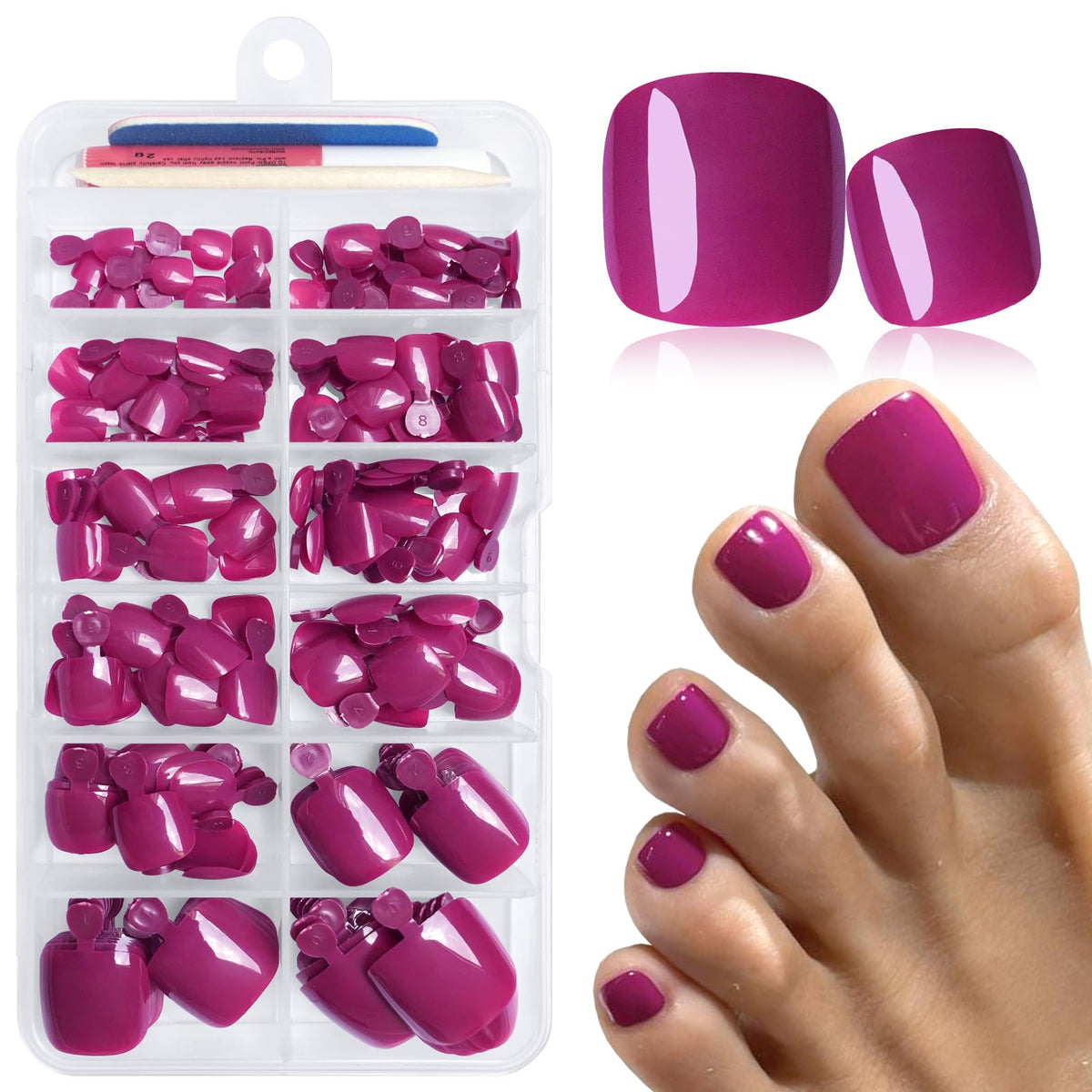 LuckForever kit de faux ongles de pied magenta avec 168 pièces
