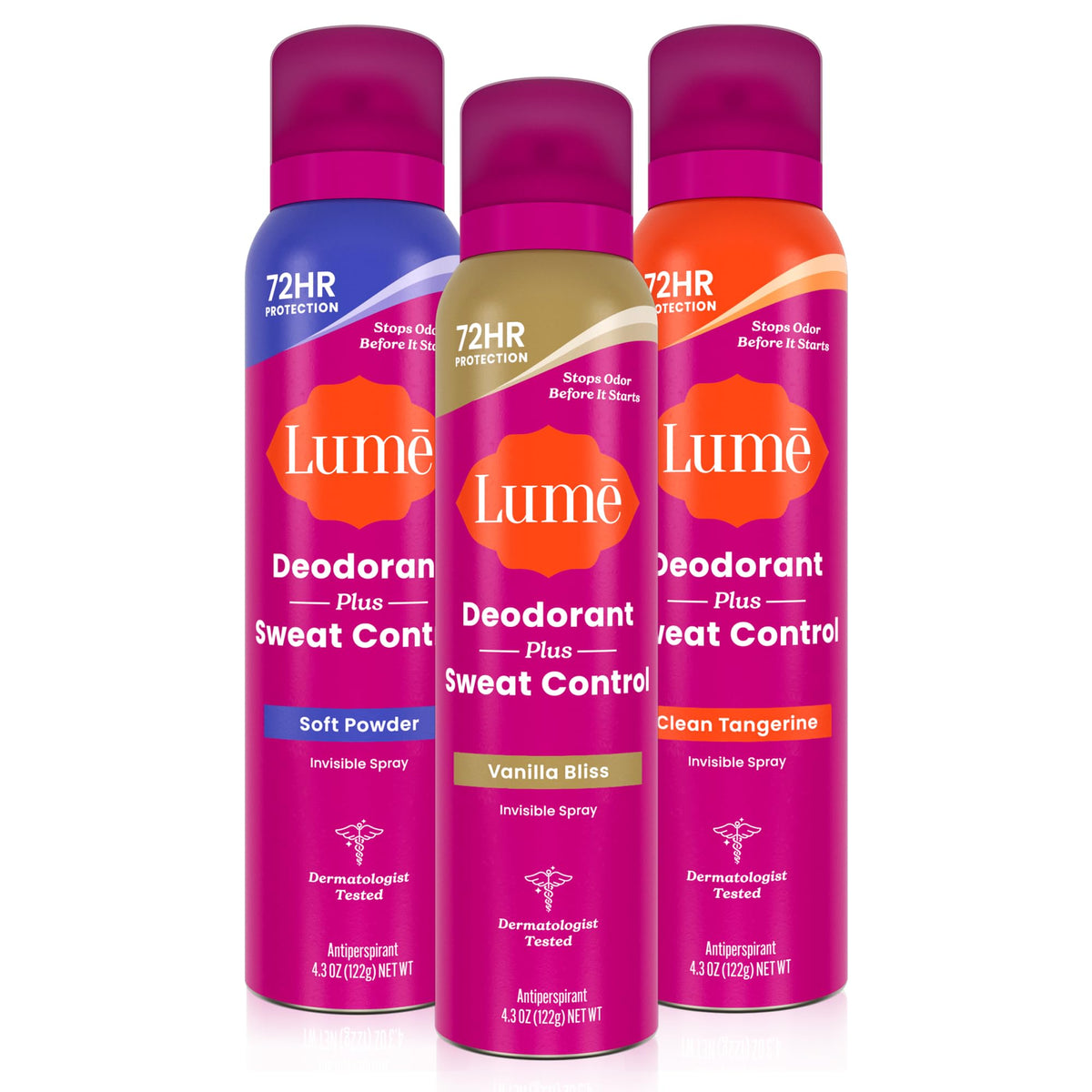 Lume Déodorant Antitranspirant Spray 3 pk vue de face avec parfum Soft Powder
