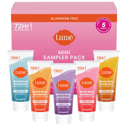 Lume déodorant corps complet 5 pk mini crèmes vue avant avec tubes de parfum