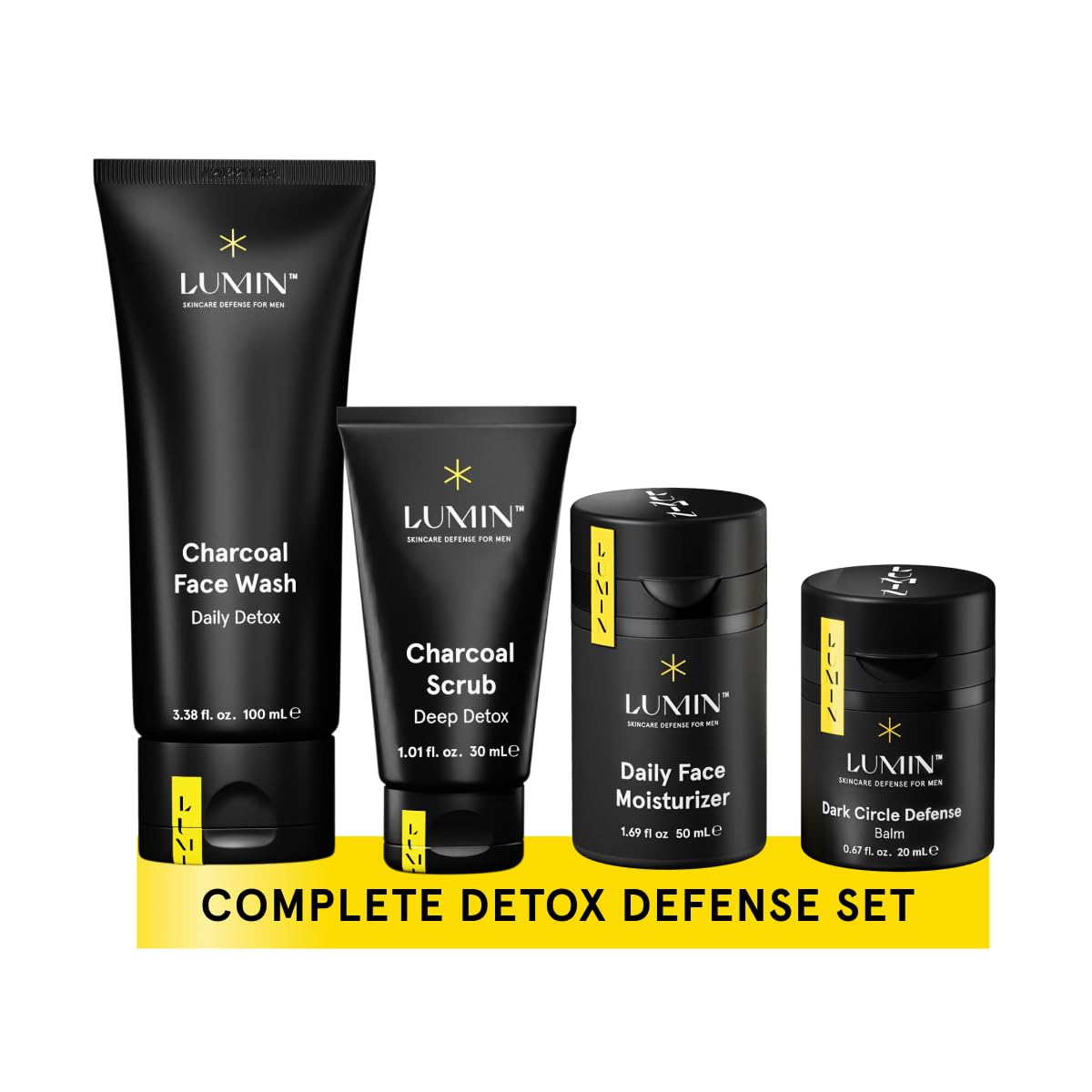 Lumin Kit Soin Visage pour Hommes, vue avant avec produits alignés