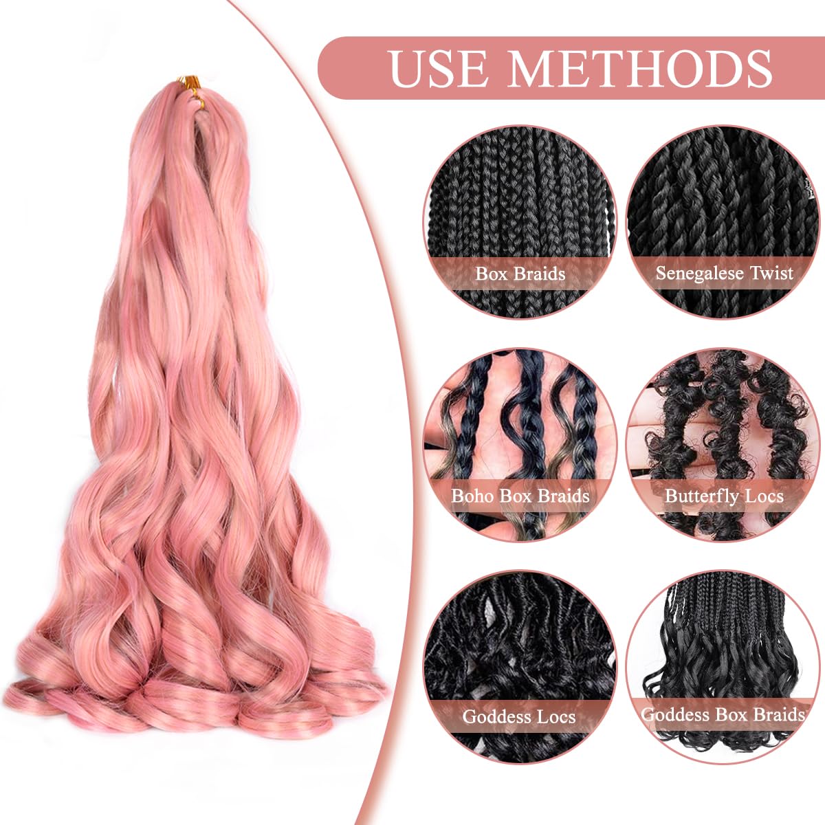 Luoyudu Cheveux Tressés Bouclés Français 24 Pouces Rose, couleur rose