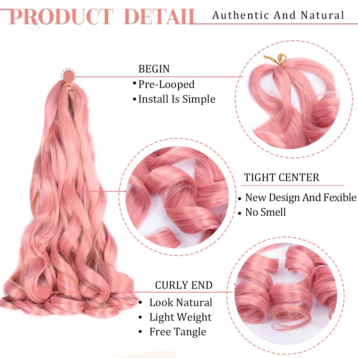 Luoyudu Cheveux Tressés Bouclés Français 24 Pouces Rose, spray inclus
