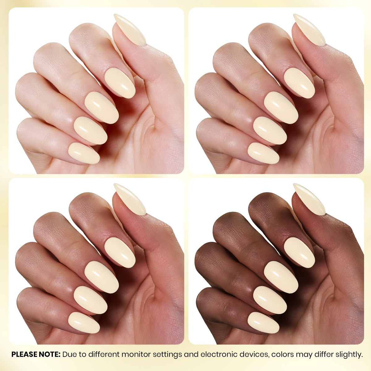 Main avec des ongles vernis en jaune Soft Butter