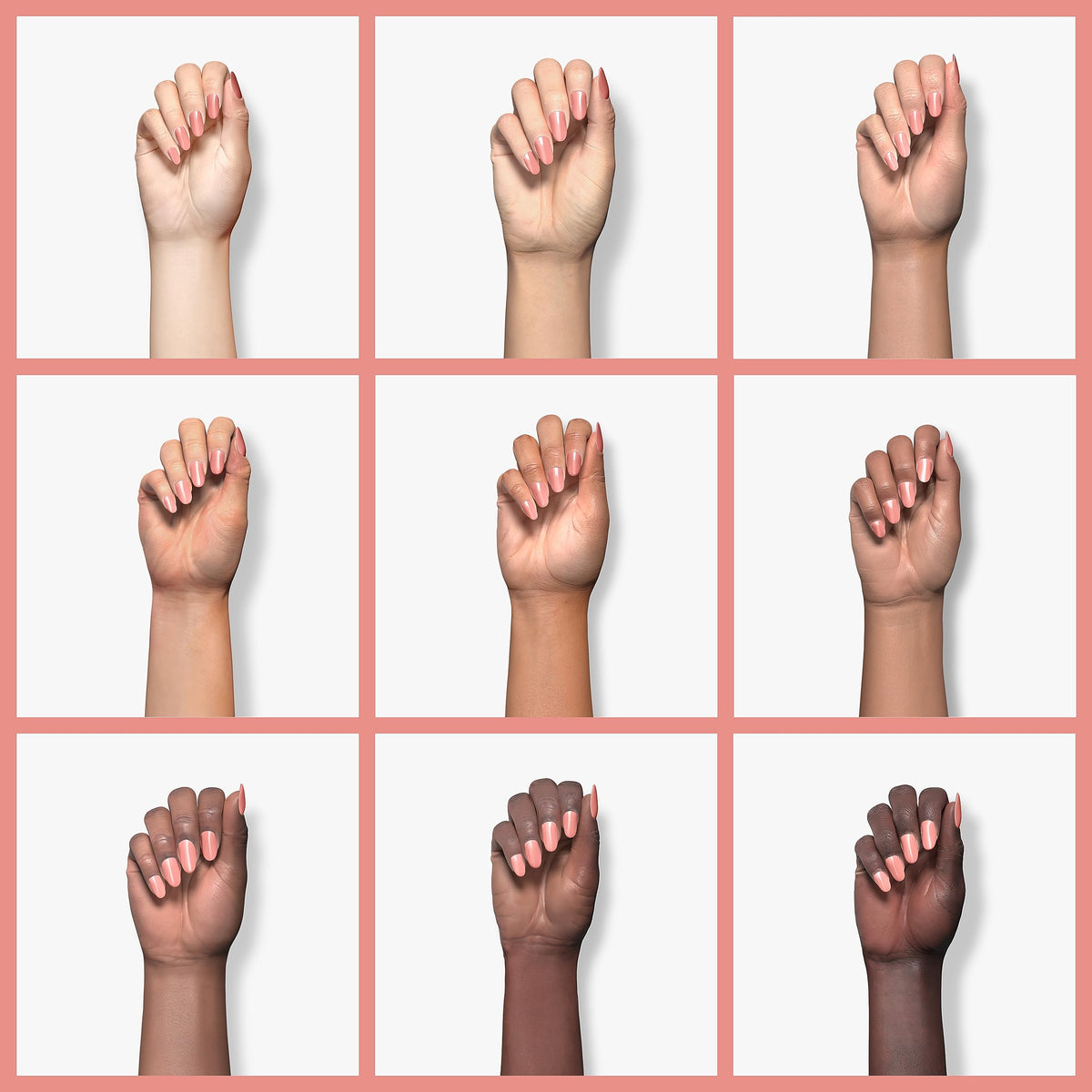 Main avec vernis à ongles Peach Pink She Sells appliqué sur les ongles