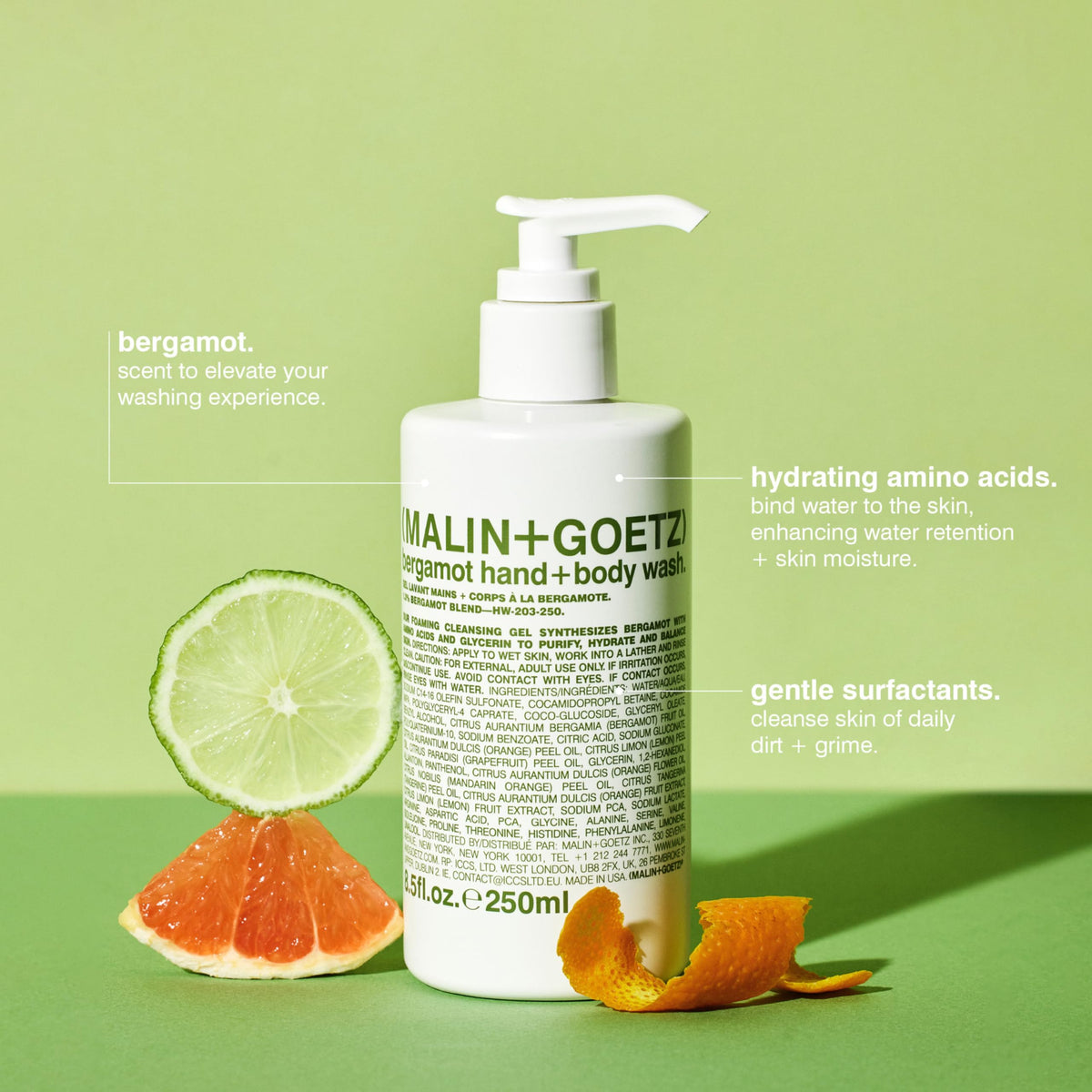 MALIN+GOETZ Gel Nettoyant Mains et Corps Bergamote 300g avec pompe