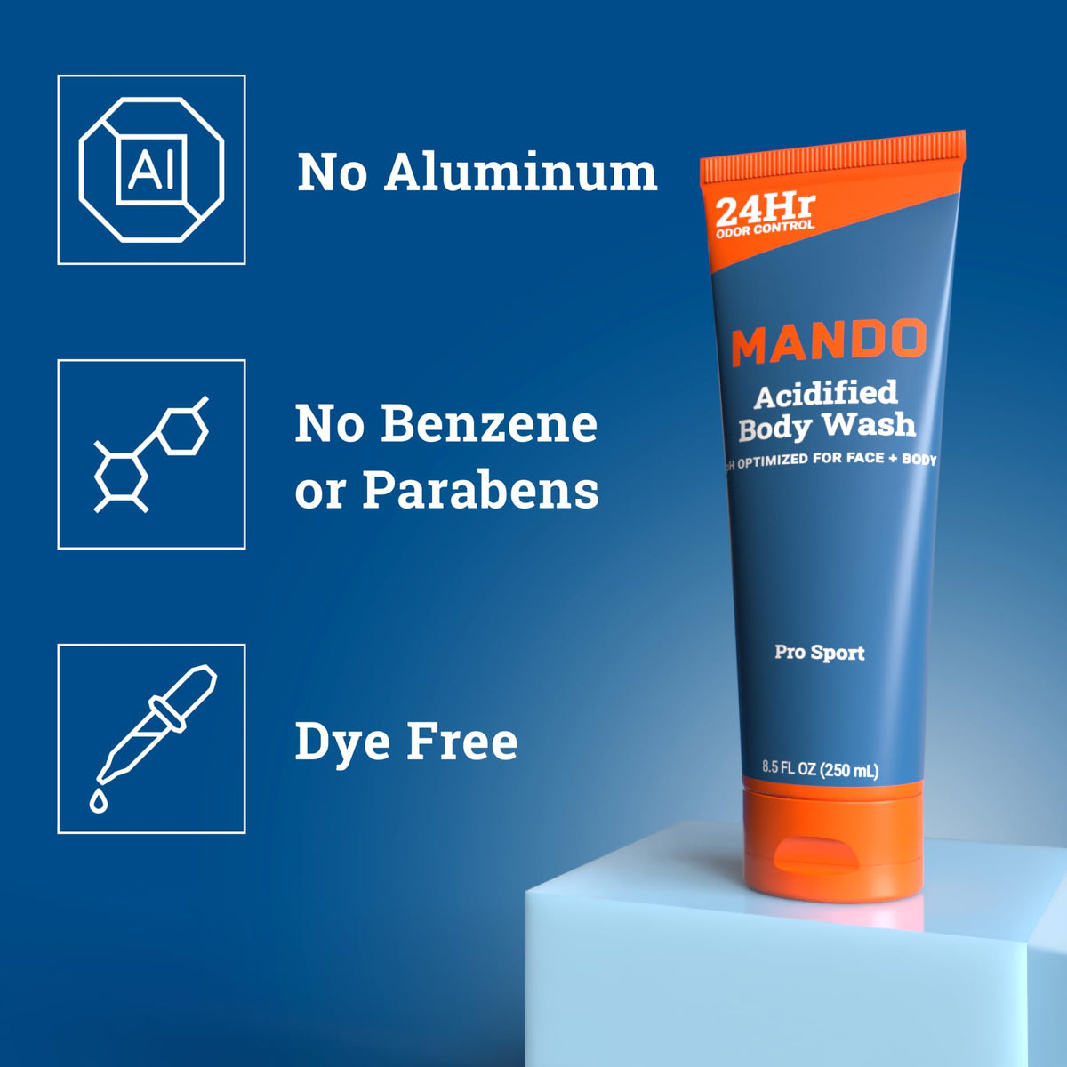 Mando Gel Douche 8,5 oz vue de côté montrant l'emballage