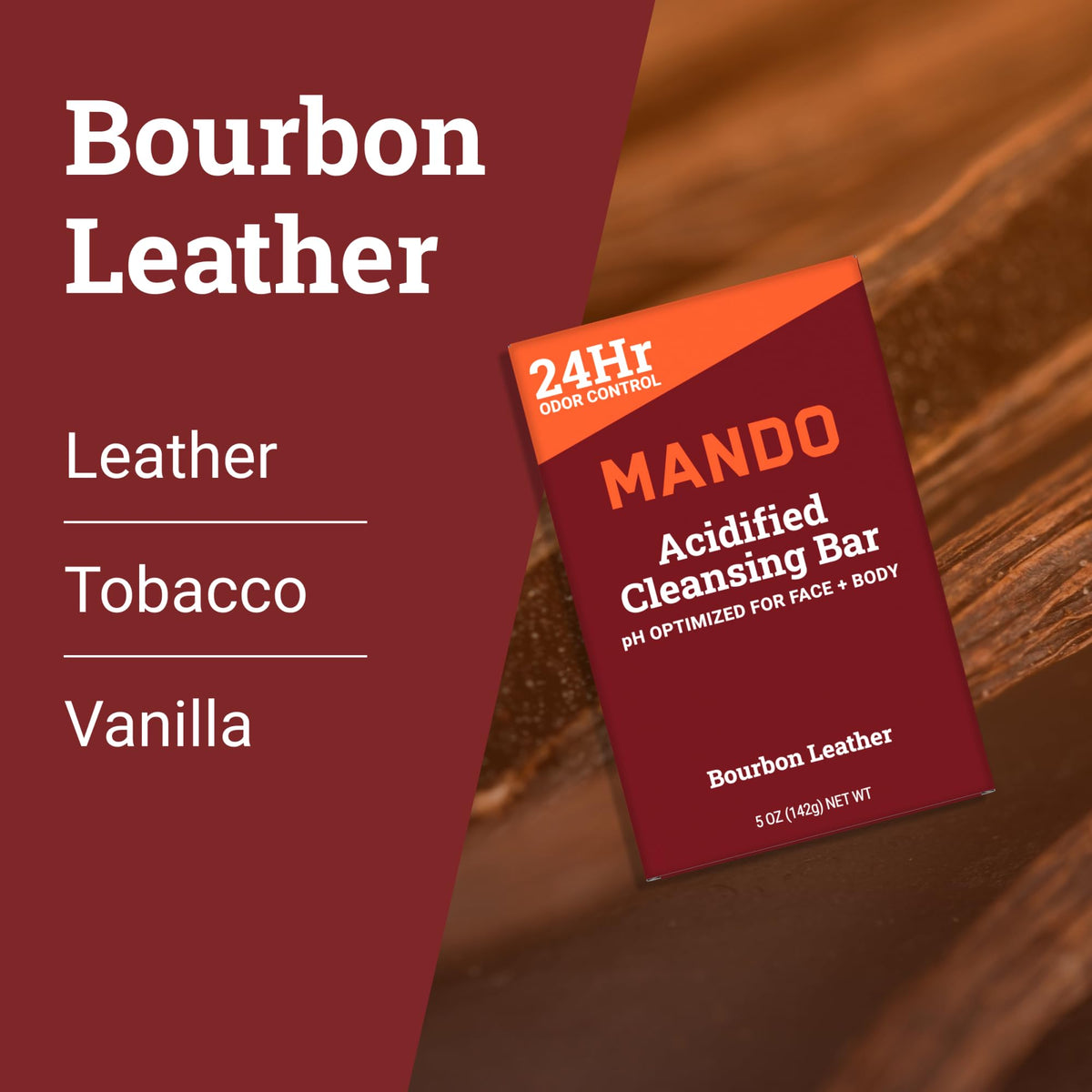 Mando Savon Nettoyant Acidifié 4-en-1 Cuir Bourbon utilisation sur le corps
