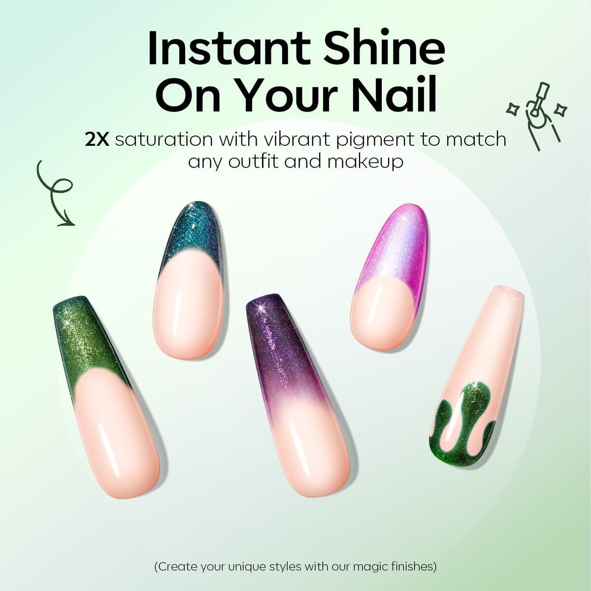 Manucure avec vernis à ongles gel pailleté vert pastel en extérieur