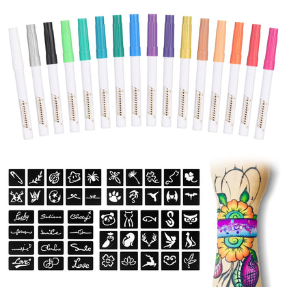 Marqueurs de tatouages temporaires Anmmy de 16 couleurs avec pochoirs
