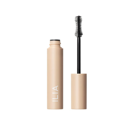 Mascara ILIA Fullest 18g noir classique, vue de face avec brosse visible