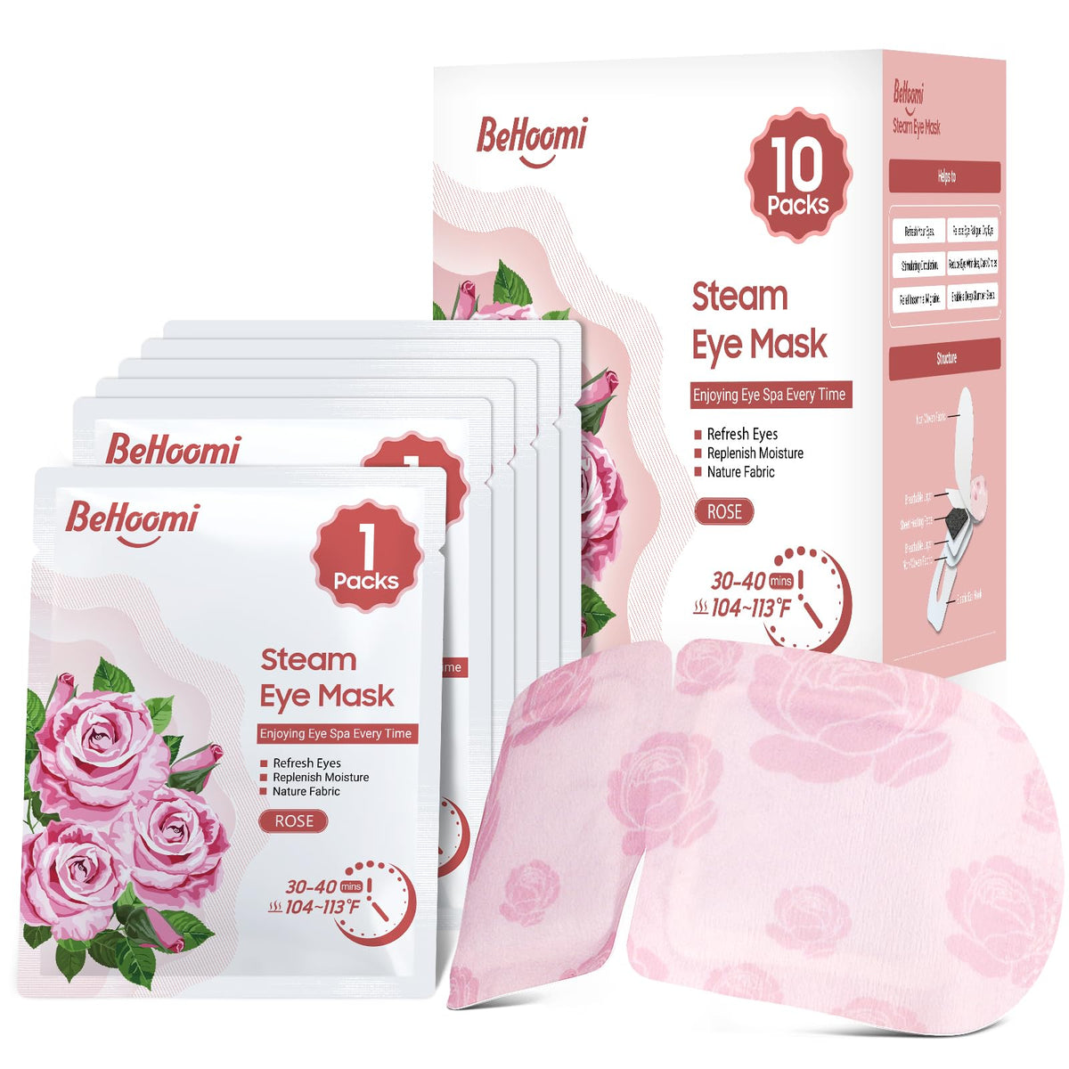 Masque chauffant BeHoomi pour les yeux, emballage rose