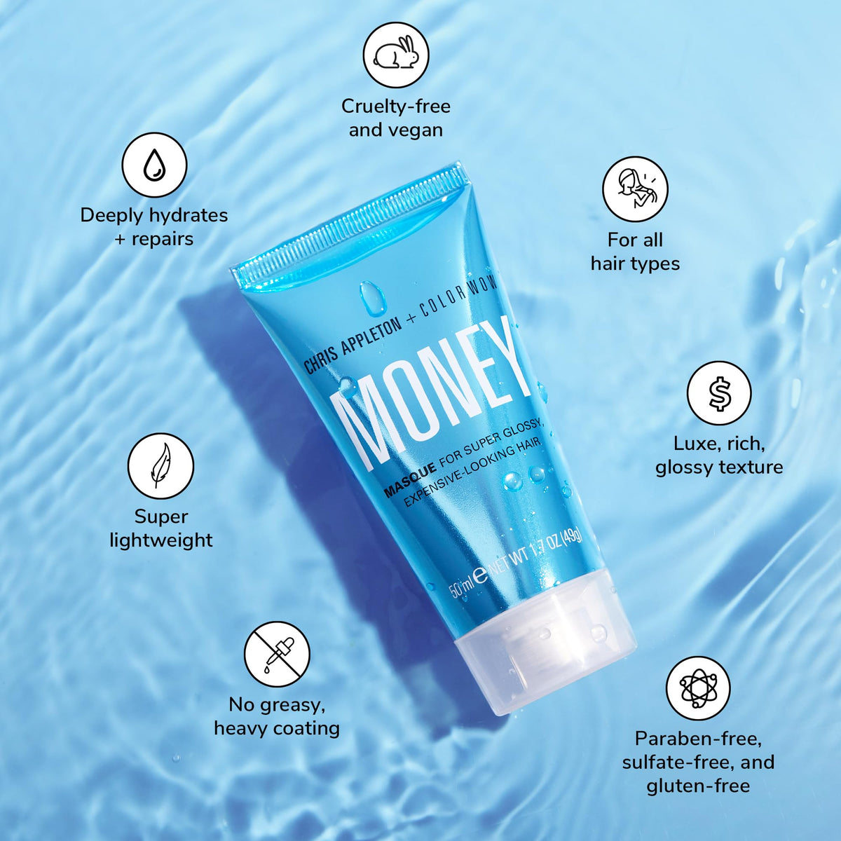 Masque COLOR WOW 60g avec cheveux brillants en arrière-plan
