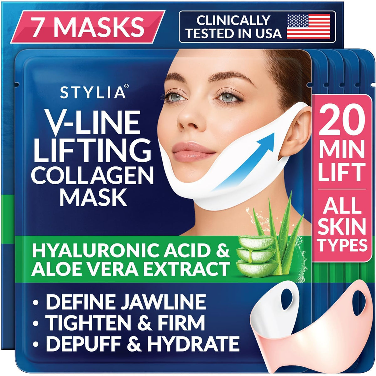 Masque de collagène Stylia V Line, vue avant avec emballage.