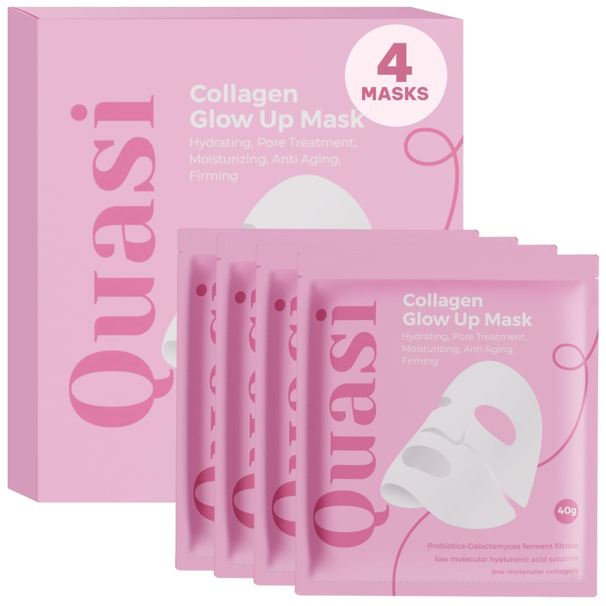 Masque de visage bio-collagène Quasi, packaging avant avec 4 masques