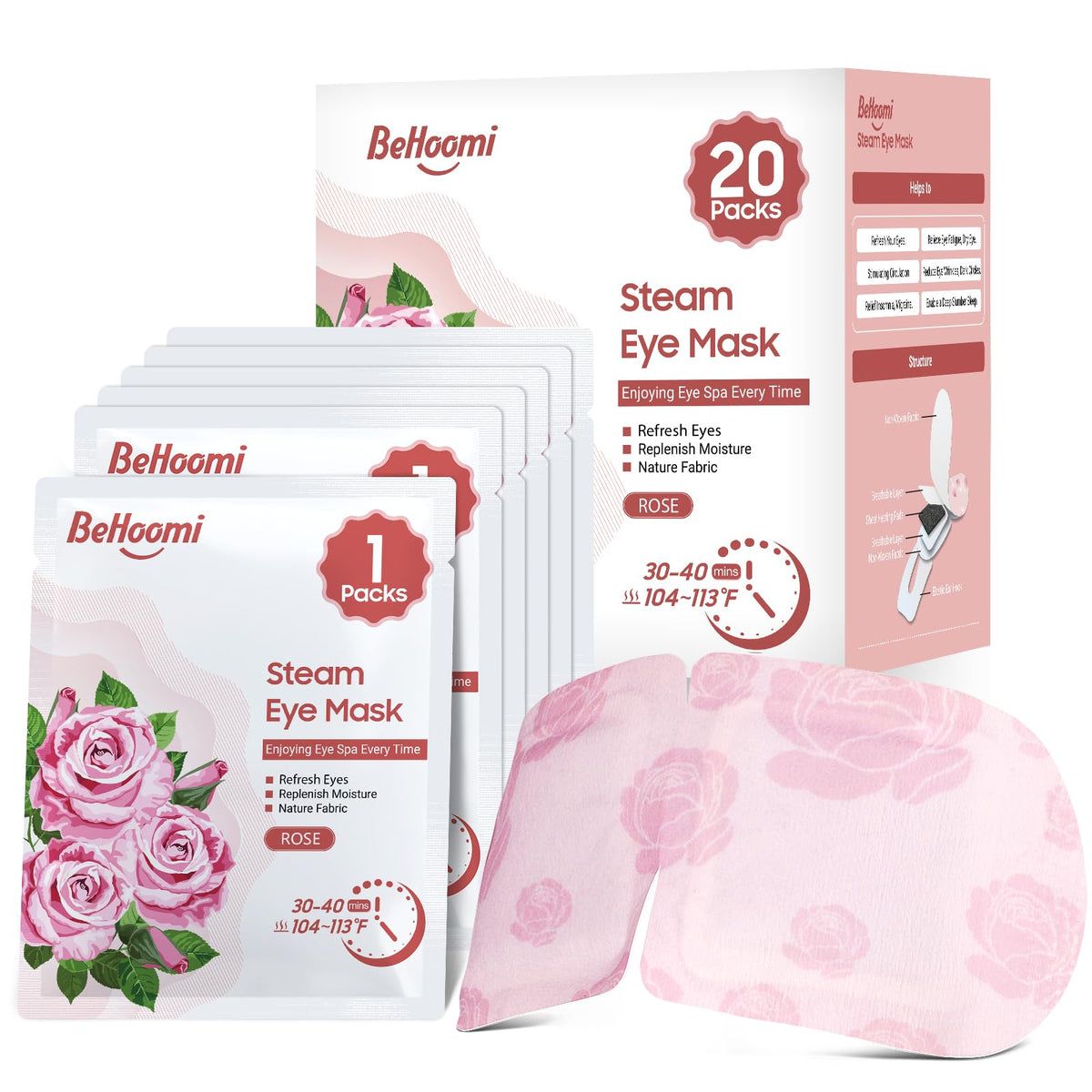 Masque de yeux chauffant BeHoomi, modèle rose, vue de face